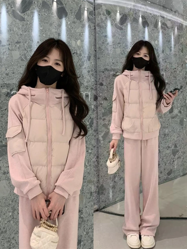 

Женский модный утепленный комплект из худи и брюк: осенне-зимний повседневный костюм с застежкой-молнией, длинными рукавами и эффектом стройности