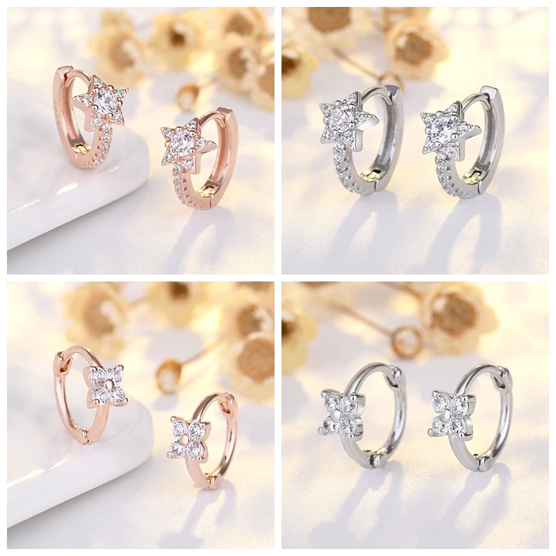 

925 Sterling Silver Needle Cute Zircon Small Star/Four-leaf Clover Perforated Perforated Hoop Earrings for Women Party Jewelry