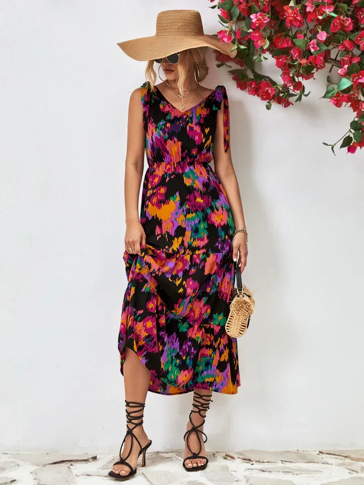 Sexy V Neck Spaghetti Strap Dress Office Lady Spring Summer Fashion Elegant Floral Print Sleeveless Dresses For Women 2023 Black