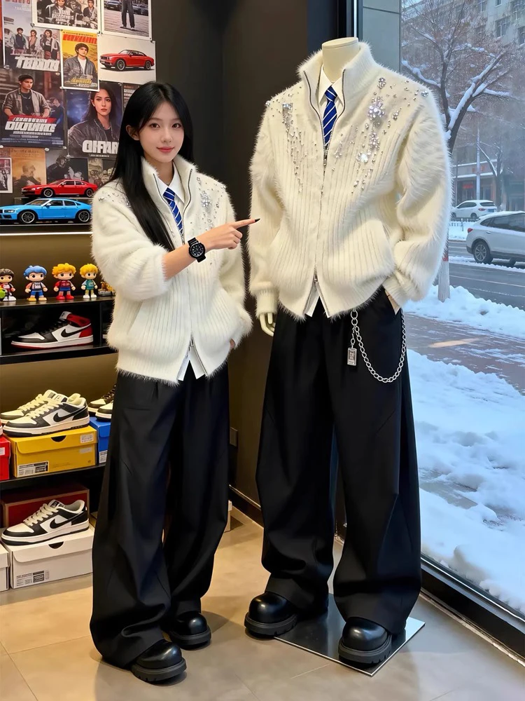 

Мужской зимний вязаный свитер-пальто свободного кроя с высоким воротником, украшенный жемчугом, на молнии, повседневная верхняя одежда