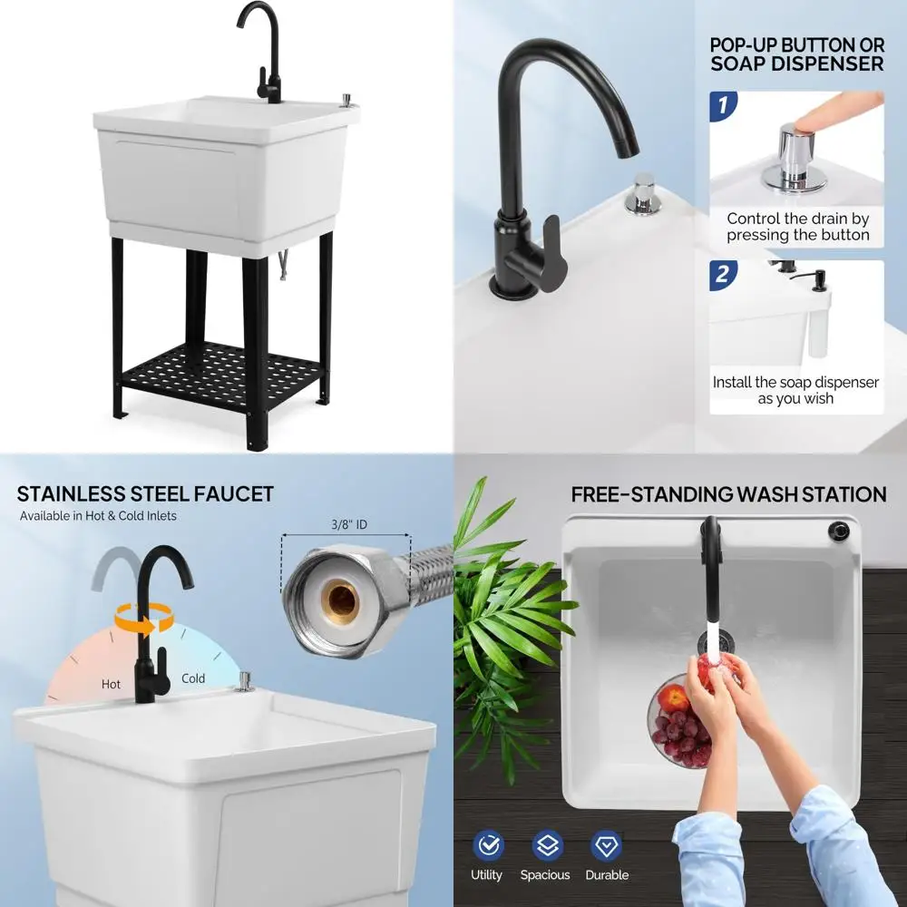 

Freestanding 21-Gallon Utility Sink with Hot/Cold Faucet, Soap Dispenser, Drain Plug and Iron Legs for Durable Storage