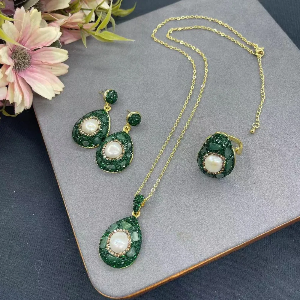 

New Pearl Inlaid Dongling Jade Fragmented Stone Women's Jewelry Set Necklace Earrings Ring