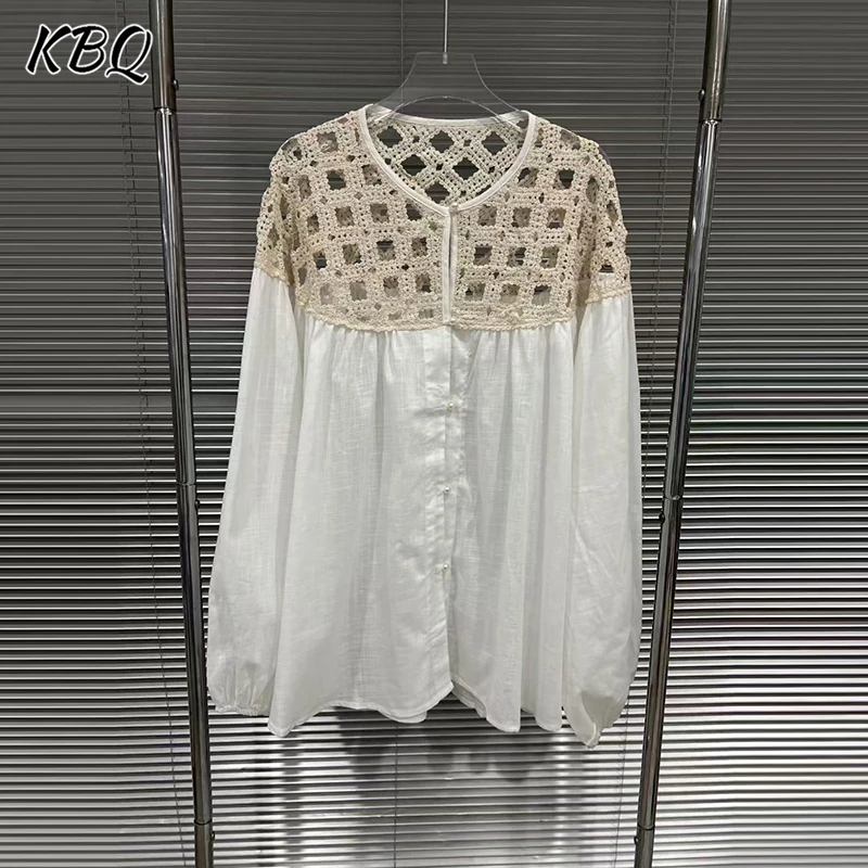 

KBQ Minimalist Hollow Out Loose Shirt for Women Round Neck Long Sleeve High Waist Splced Button Casual Shirt Female Fashion New