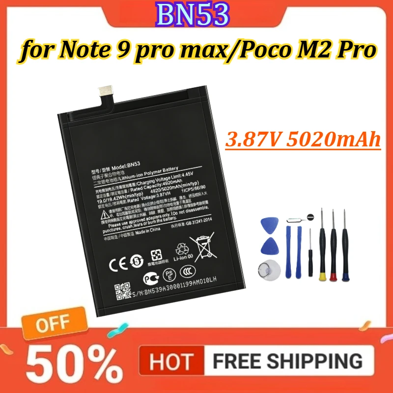 

New Battery 3.87V 5020mAh BN53 for Note 9 pro max/Poco M2 Pro Replacement Mobile Phone Batteries + Free Tools