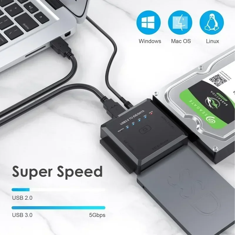 USB to SATA IDE 3 IN 1 Adapter Fit for 3.5 2.5 HDD SSD, External Hard Disk Cable Support 6Gbps High Speed Date Transmission Rate