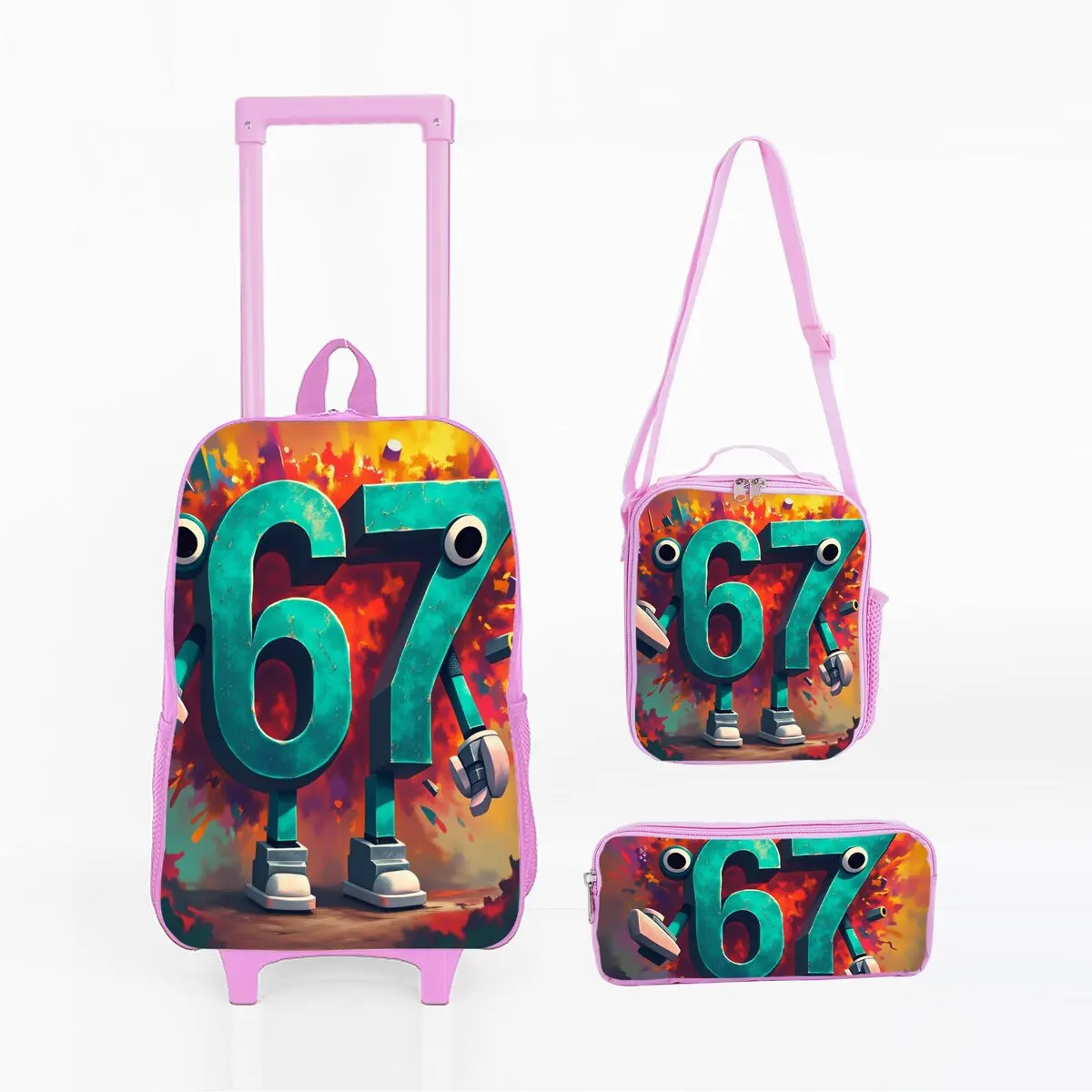 Juego de bolsa rodante con ruedas de color número 67, color rosa, con fiambrera, bolsa para bolígrafos con ruedas, mochila escolar con carrito para niñas y niños