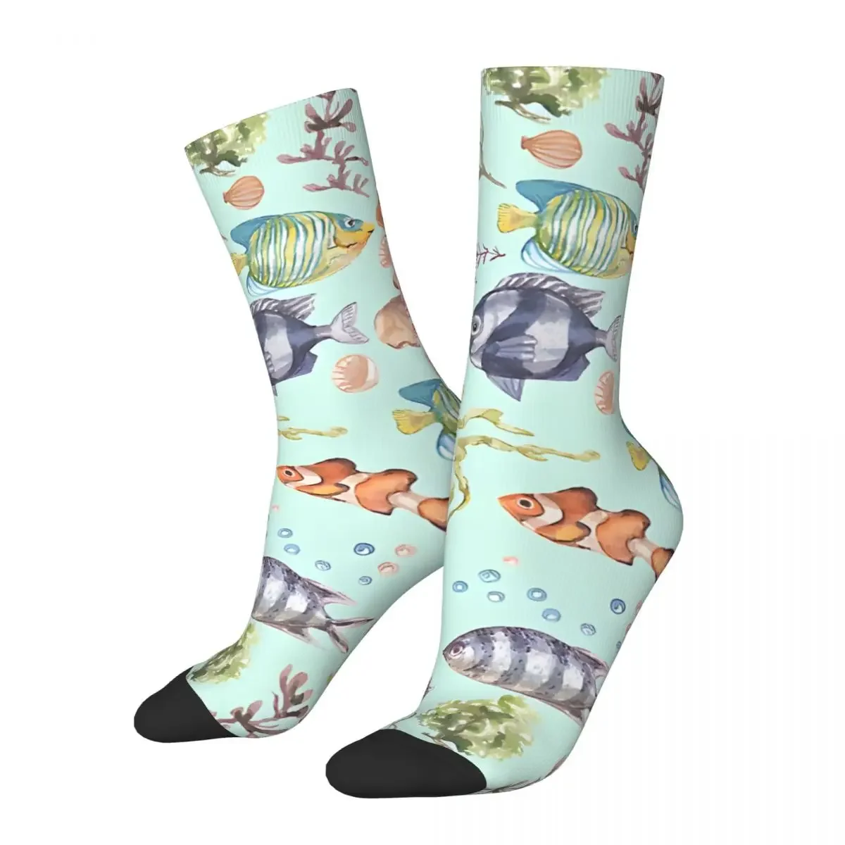 Marine Life Watercolor Fish And Coral Men's Socks Retro Harajuku Street Style Novelty Casual Crew Sock