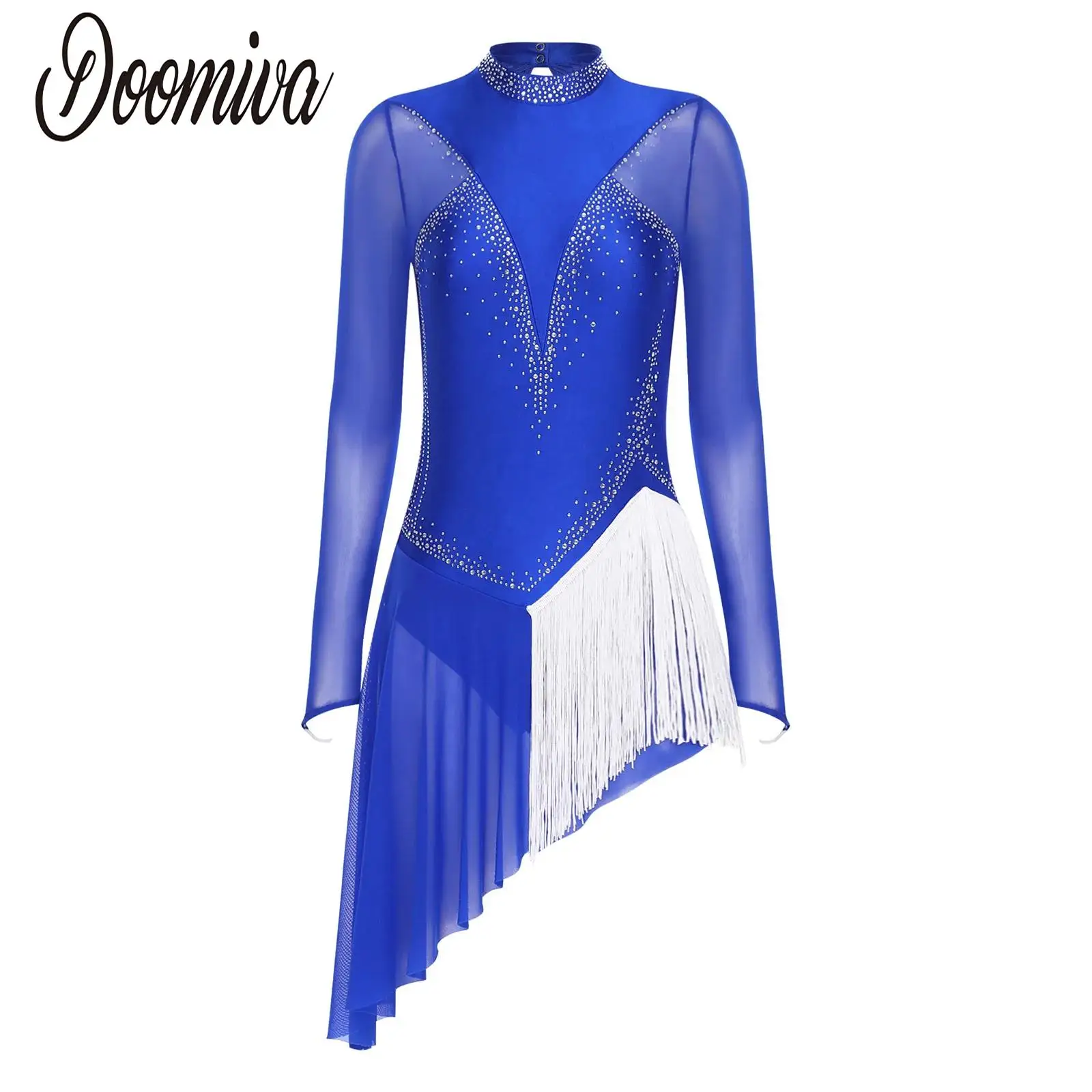

Women Figure Skating Leotard Lyrical Dance Dress Performance Costume Sheer Mesh Long Sleeve Backless Rhinestones Fringed Dress