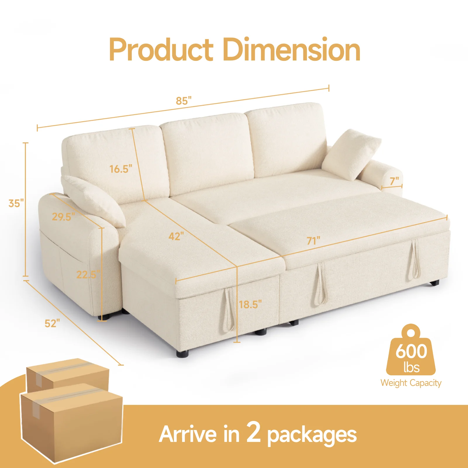 L Shaped Sleeper Sofa, 85" Pull Out Couch Bed with Storage Chaise, 2 in 1 Sectional Sofa Couch with Pullout Bed & 2 Pillows image 2