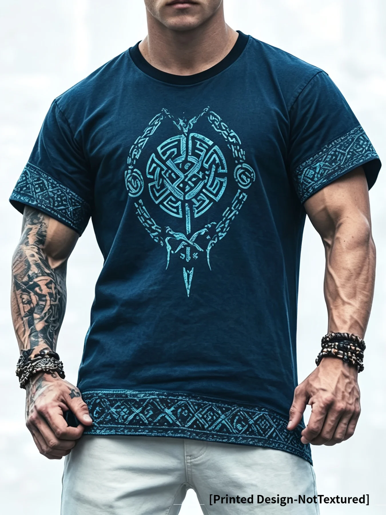 Dunkeltürkises Herren-T-Shirt mit keltischem Knoten-Totem-Print, Vintage-Stil, nordisch-ethnischer Rundhalsausschnitt, kurze Ärmel – Detail 1