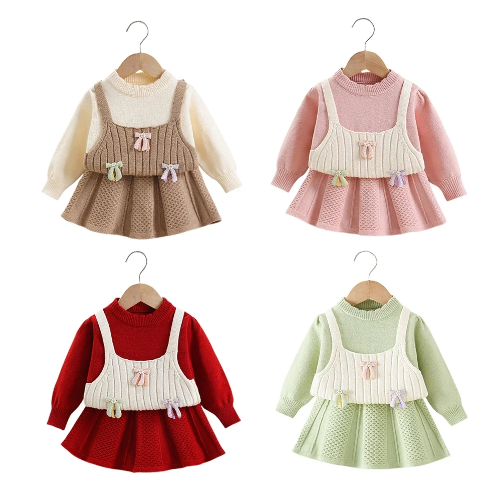 

2025 Fall Winter Baby Girl Fine Knit Two Piece Set Bow Embellished Layered Sweater Dress Warm Toddler Outfit Girls Set 1-4 Years