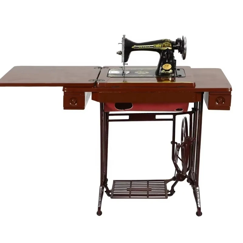 

The home sewing machine has a footrest, a 3-drawer table, and a cast iron stand