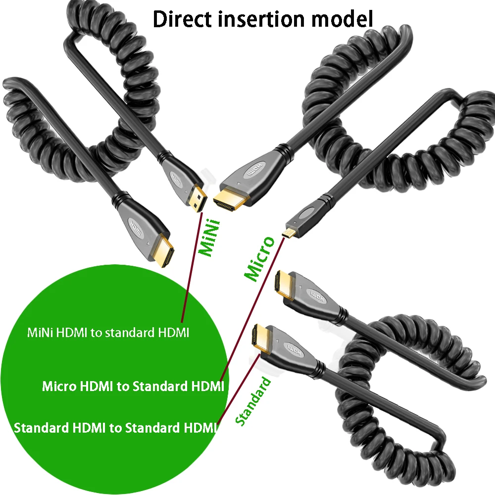 1PCS HDMI HD cable elbow mini HDMI to standard HDMI connection cable Micro HDMI SLR camera monitor extendable spring short cable