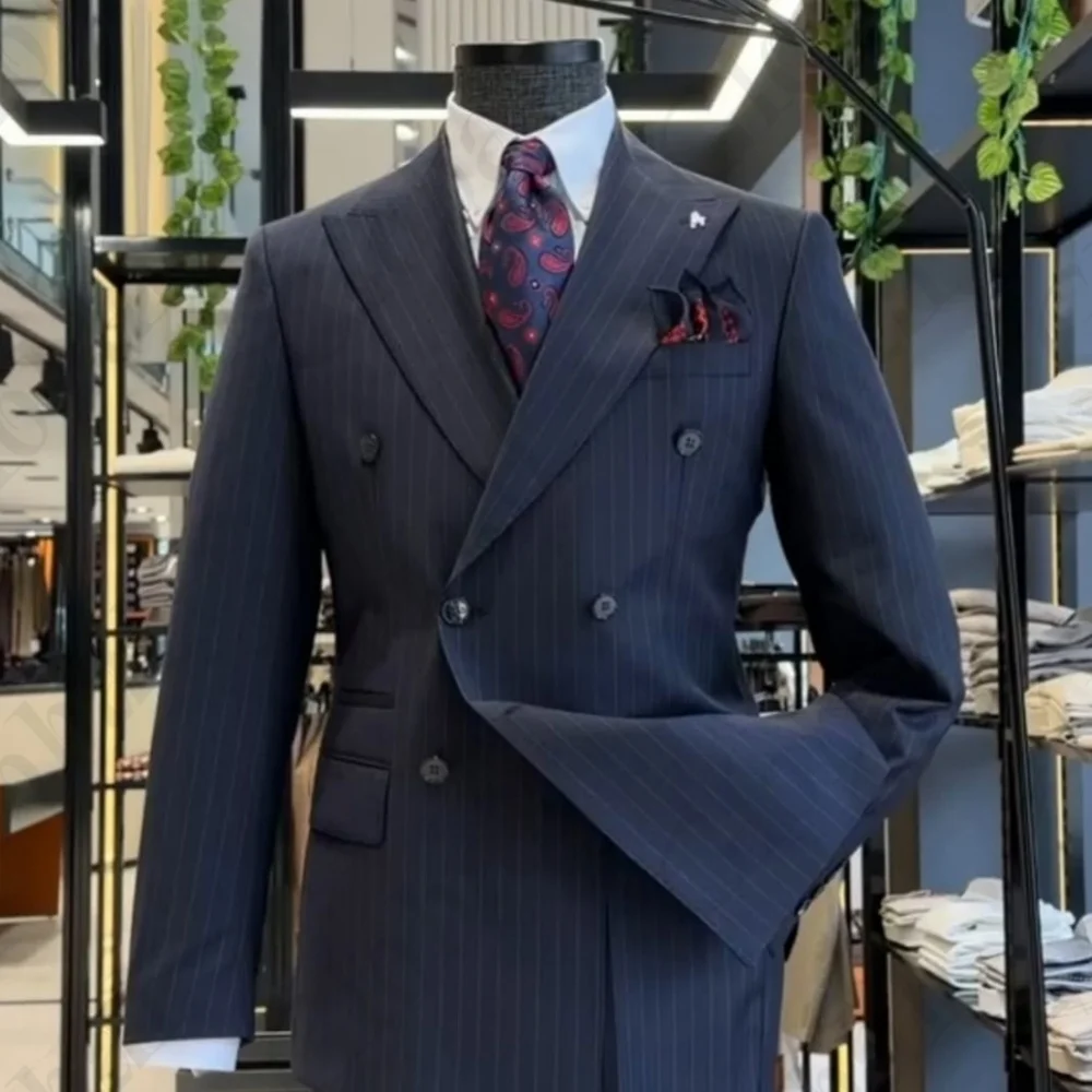 Light Grey Wide Peak Lapel Double Breasted 2 Piece Suit Blazer And Black Pants Set Business Office Meeting Wedding Customized
