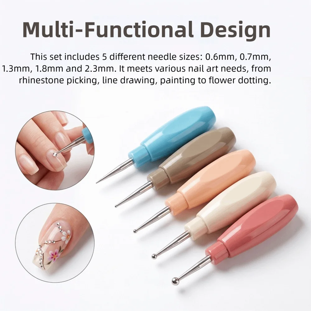 5Pcs Interlockable Nail Dotting Pen Colorful Multicolor Handle Rhinestone Picker Tool DIY Stainless Steel Tip Nail Art Pen Set