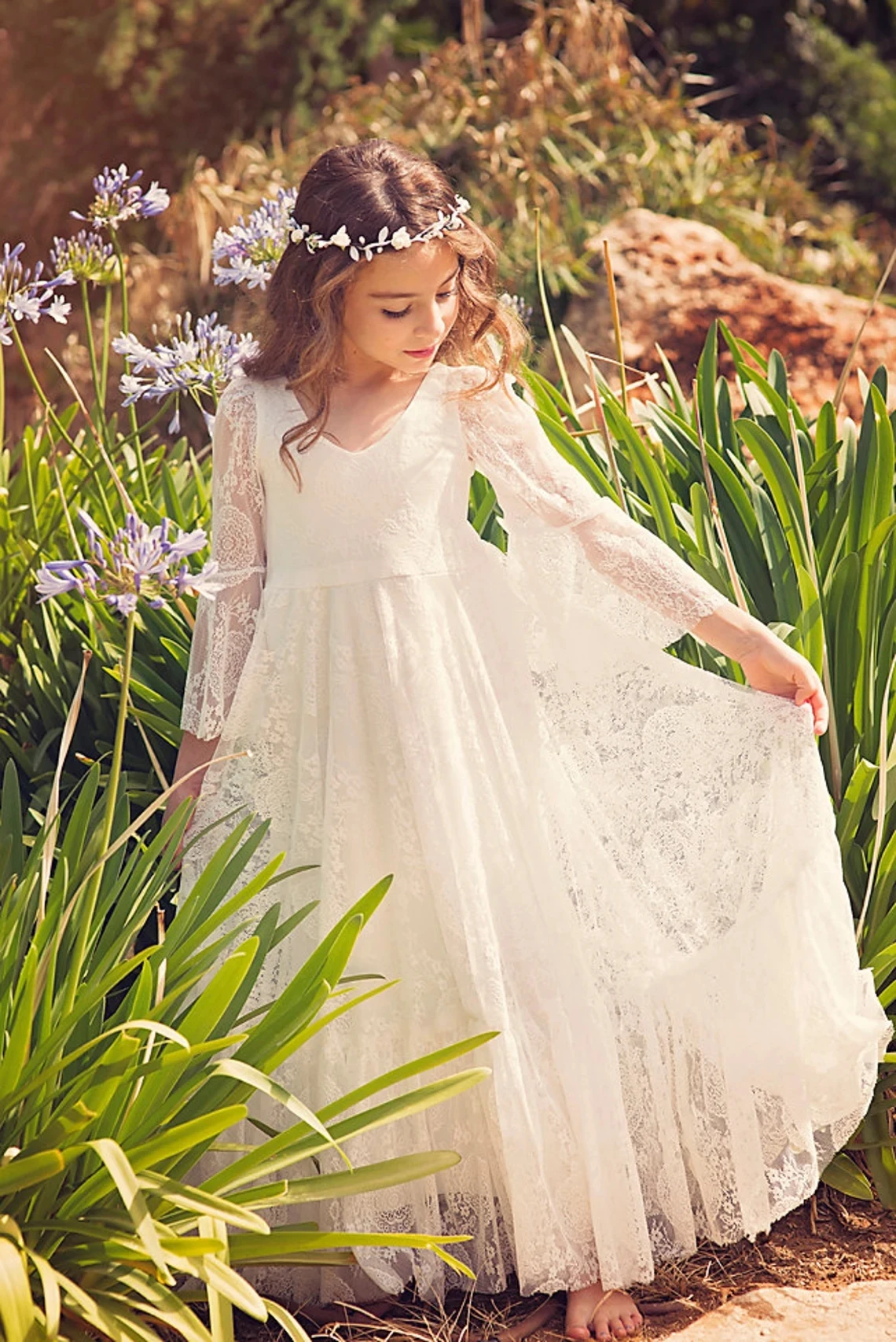 2-14 Years White Flower Girl Dresses For Girls Flared Sleeves Soft Lace First Communion Gown Bohemian Princess Boho Dress Kids