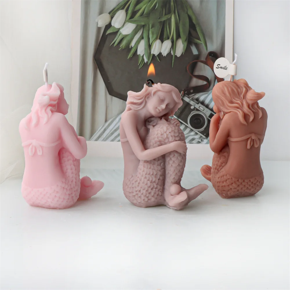 3D Mermaid Candle Mold Silicone Seated Embrace Tail Statue Sea Elf Tool DIY Aroma Soap Plaster Mold Marine Theme Craft