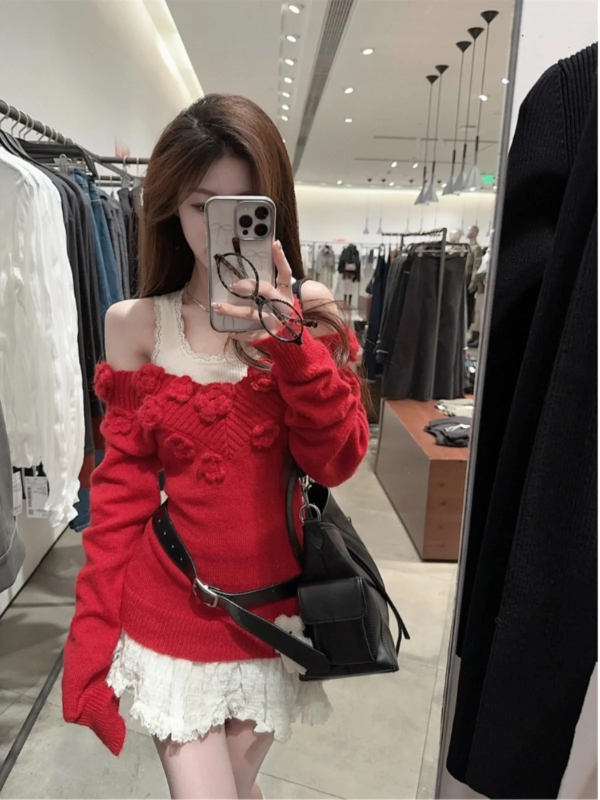 Off-the-shoulder Pure Desire Ankela Red Knit sweater Women Autumn 2024 New Waist Hugging Retro Three-dimensional Flowers Top ...