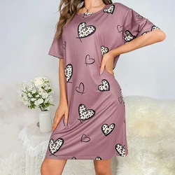 Ladies Casual Heart Print Nightdress Short Sleeve Round Neck Comfy Tee Lounge Home Wear Sleep Dress Women's Sleepwear Nightgown