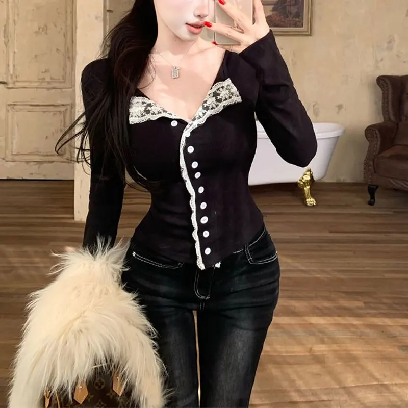 الخريف النمط الفرنسي الخامس الرقبة البلوفرات أنيق الدانتيل المرقعة الملابس النسائية بلون الأساسية ضئيلة هالة كم طويل تي شيرت