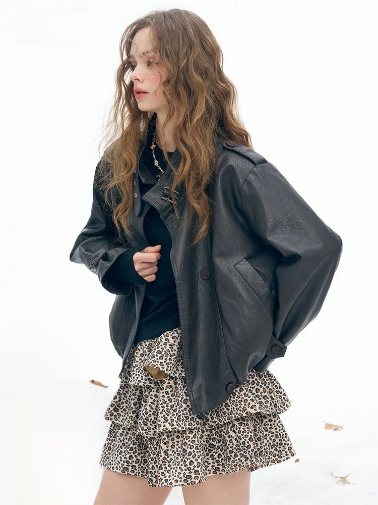 Jaqueta Feminina de Couro Marrom com Gola Alta, Solta, Casual, para Inverno, com Zíper e Manga Longa