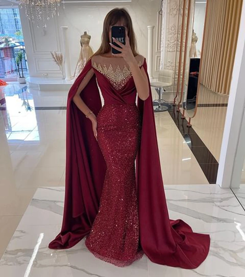 LORIE Mermaid Evening Dresses Modern Satin Scoop Prom Dresses With Cape Sleeves Vestidos De Fiesta Elegantes Para Mujer 2023