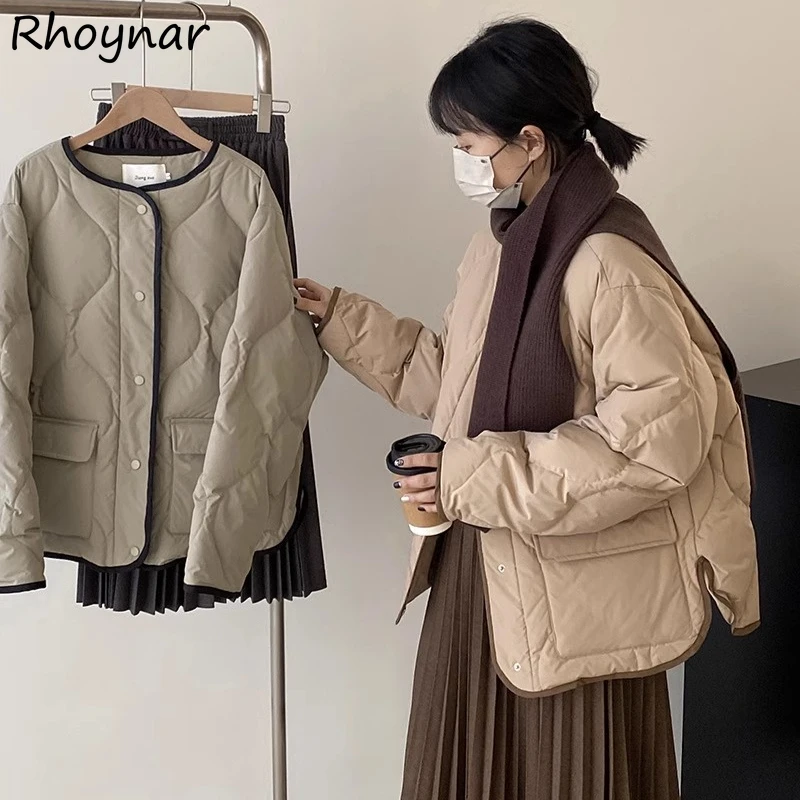 

Parkas Women Winter College Short Style O-neck Coats Pure Simple All-match Single Breasted Pockets Streetwear Ulzzang Minimalist