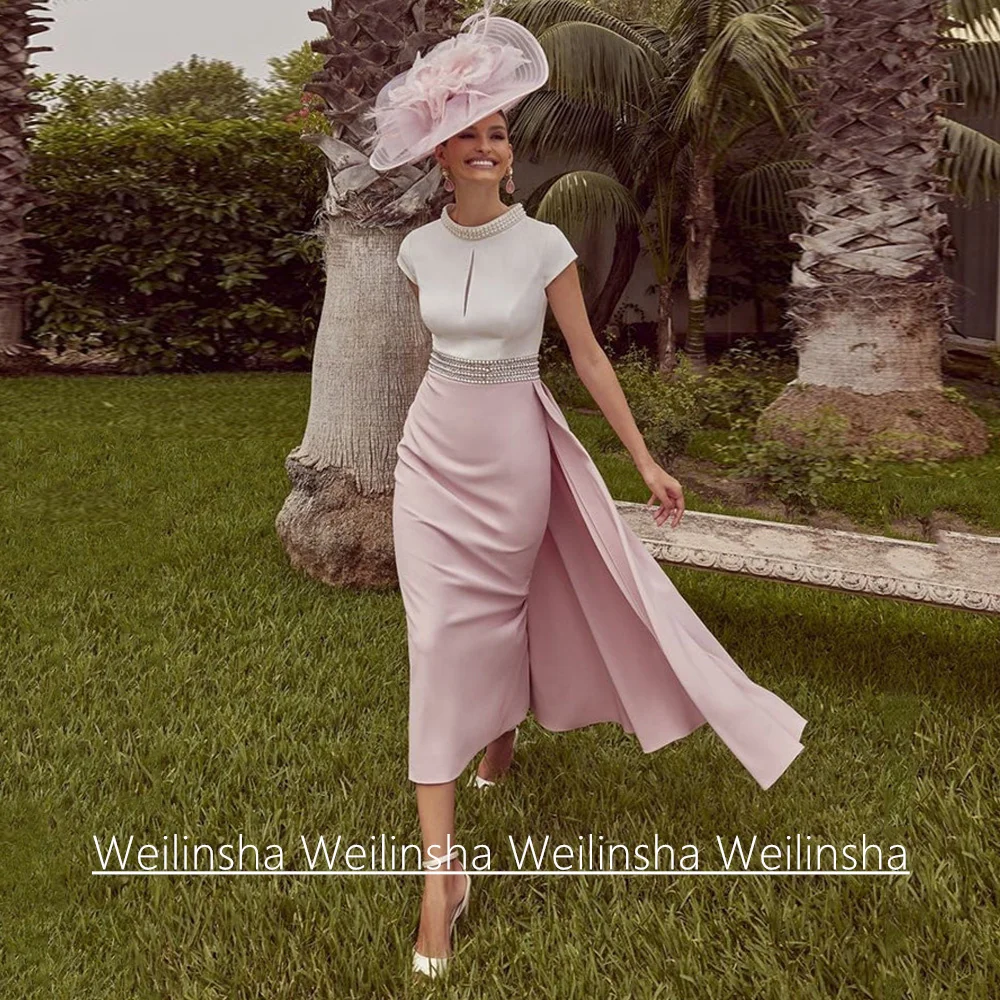 

New Mother of The Bride Dress Customized Round Neck Cap Sleeve Pearls Beading Belt Tea Length Mermaid Wedding Guest Gown