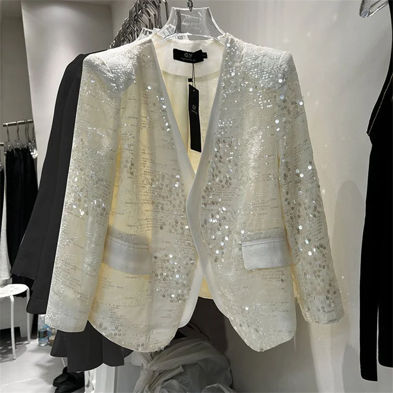 

Fashion Thin Women's Shiny Sequin Suit Jacket 2024Spring New French Versatile Loose Solid Color Top V-neck Patchwork Blazer Coat