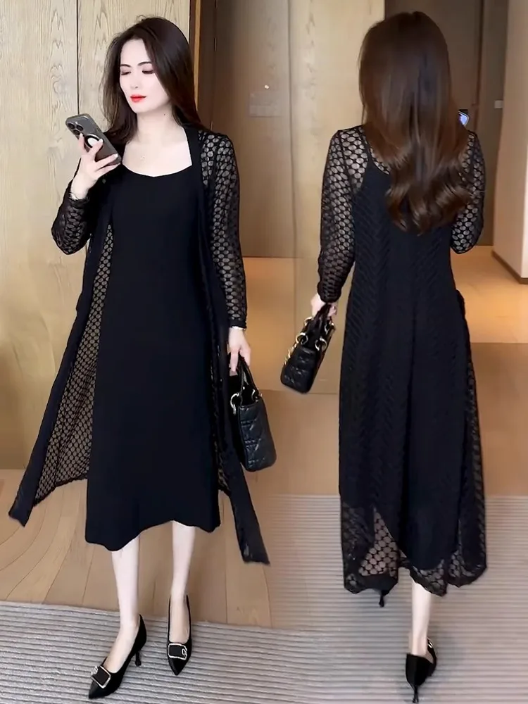 Summer New Women's Midi Dr Set Slimming Sunscreen Outer awl Strap Dr Two-Piece Set Casual Sle Floral Hollow out