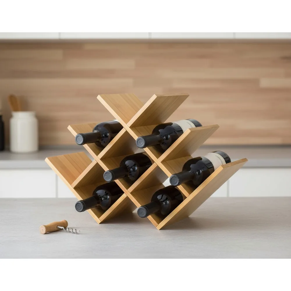 

8-Bottle Tabletop Wine Rack, Compact Brown Wood Organizer for Kitchen Counter & Small Spaces