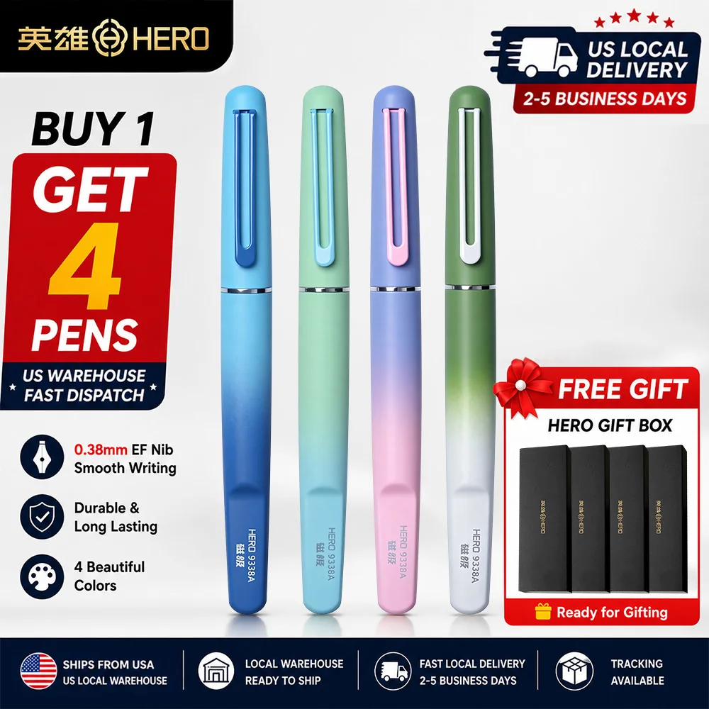 Local Warehouse Fast Shipping HERO 9338A Magnetic Fountain Pen 0.38mm Iridium EF Nib Frosted Gradient Metal Body Fingerprint Proof Ergonomic Grip Quick Dry Ink Smooth Writing Anti-Skip Anti-Blob For Student Study Note Journal Calligraphy Office Station