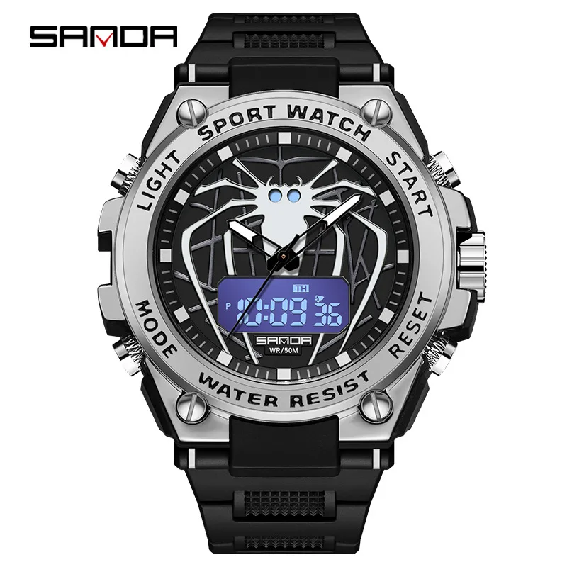 SANDA Spider Men's Watch Waterproof, Luminous, Shockproof, and Anti Drop Dual Time Display Large Dial Student Electronic Watch