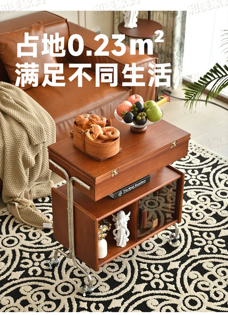 Medieval solid wood folding coffee table removable sofa small side table retro cart small apartment living room rack