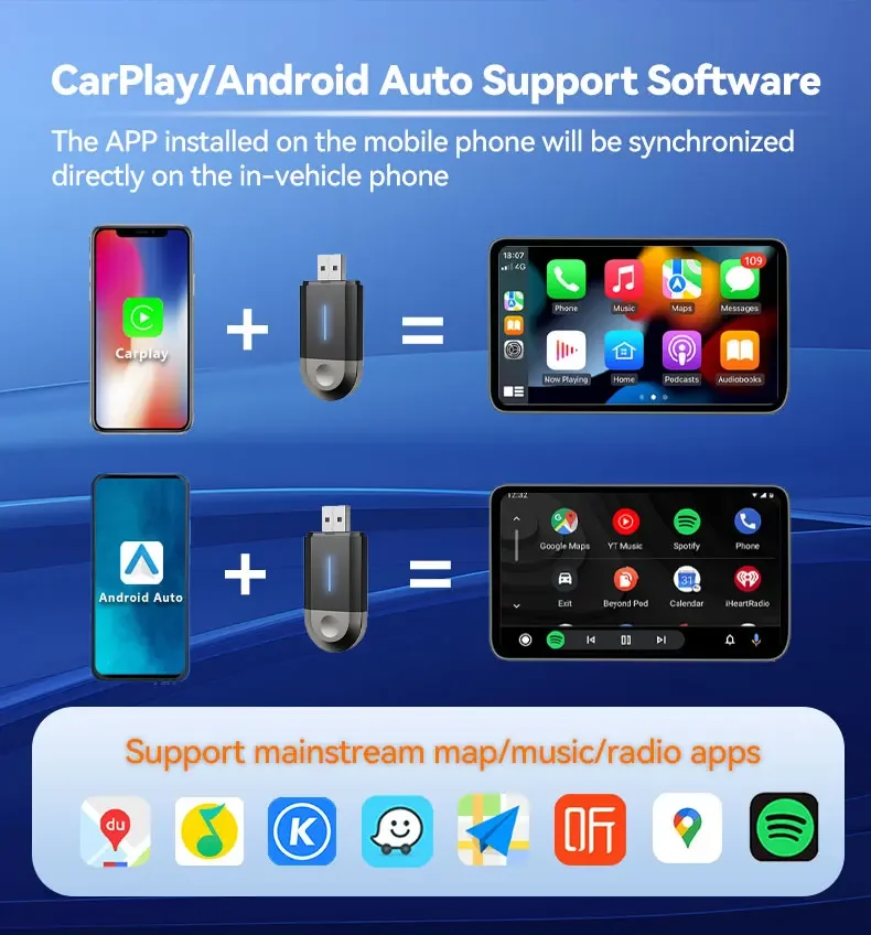 Cablato a Wireless Carplay Android Auto Adapter USB tipo C per OEM Car Stereo Plug and Play Smart Link per telefoni Android IOS