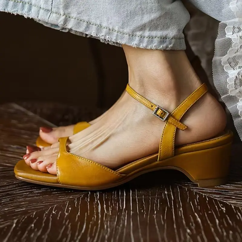 Retro Women's Gladiator Sandals Summer Shoes Genuine Leather Peep Toe Block Heels Yellow Pink Flip Flops Female Shoes Casual