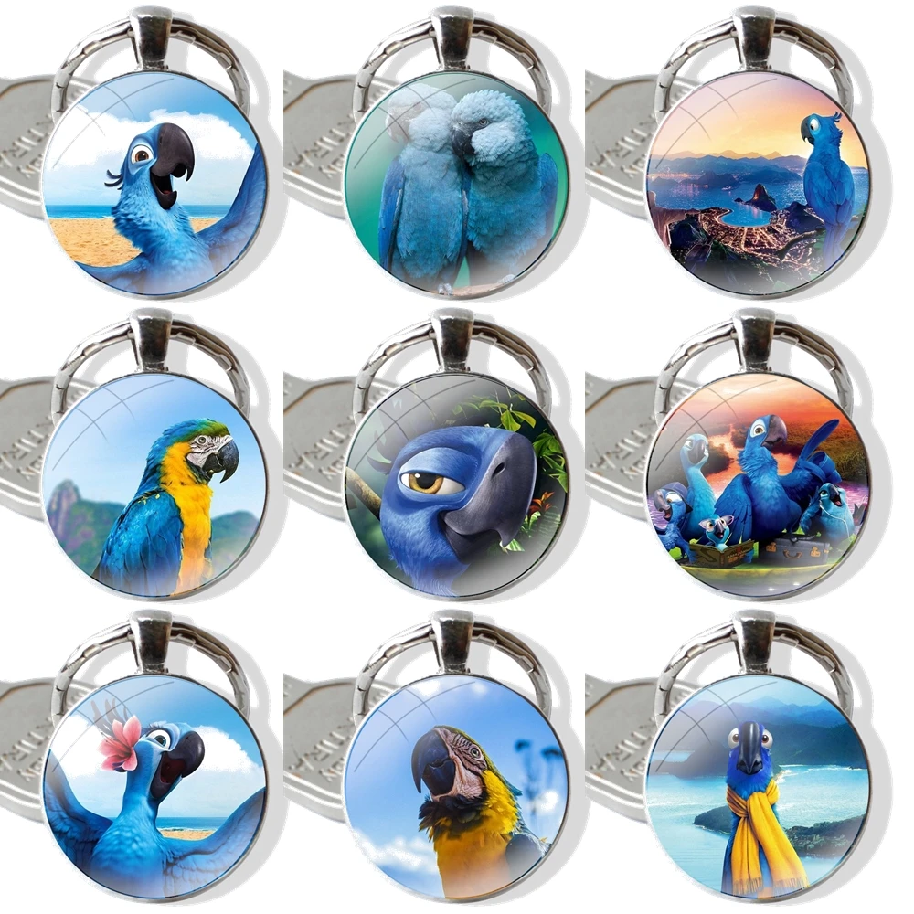 Keychain Handmade Glass Cabochon Key Ring Holder Pendant Key Chains Blue Ringneck Parrot