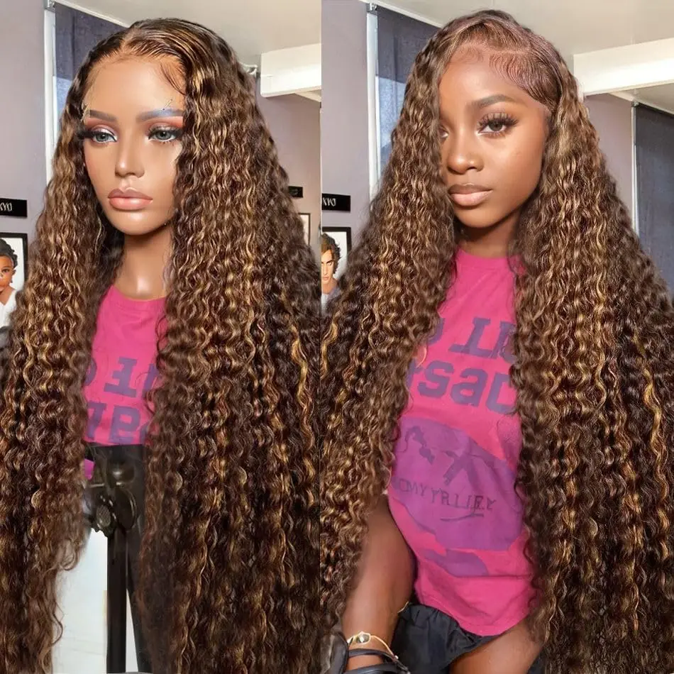 

30-дюймовый Highlight Ombre Lace Front Wig Blonde Curly 13x6 HD Honey Blonde 4/27 Deep Wave Lace Front Wigs Plucked with Baby Hair