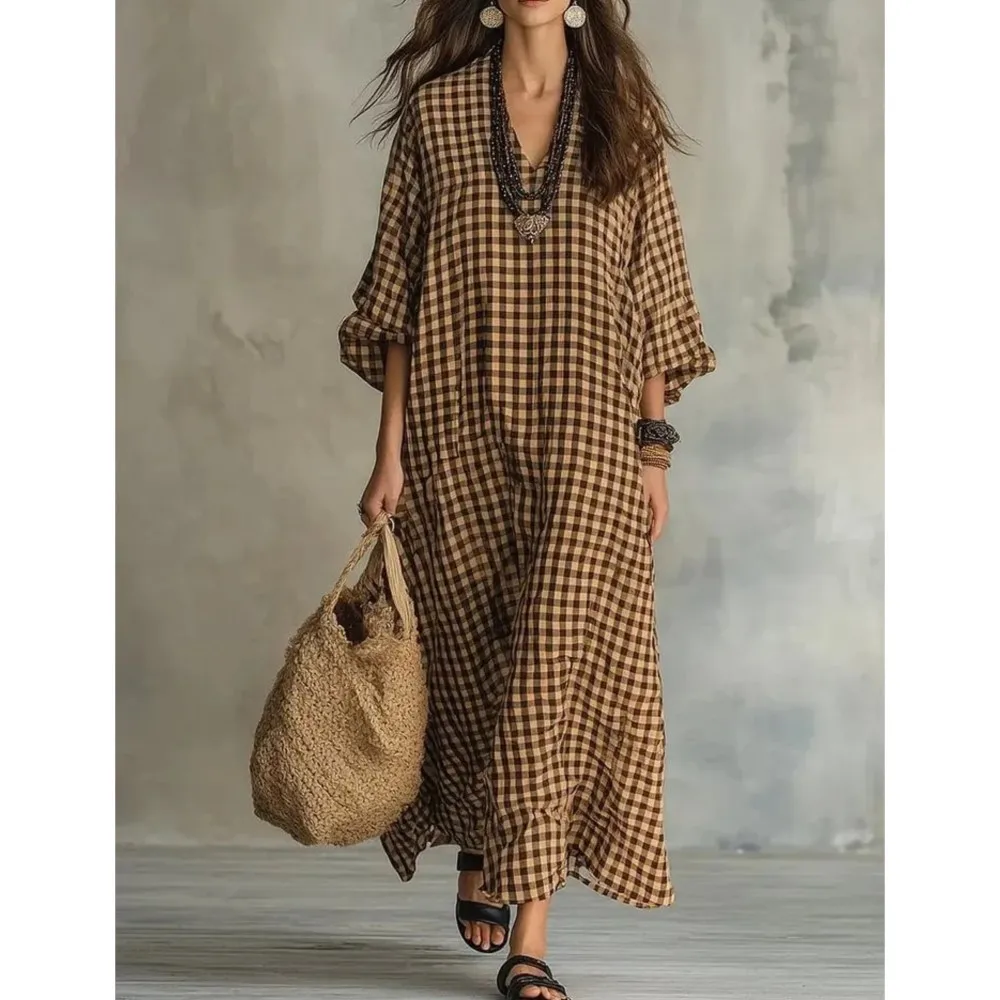 V-neck Casual Retro Plaid Female Art Long Dress Spring Autumn New Fashion Cotton Linen 7-quarter Sleeve Women's Loose Dresses