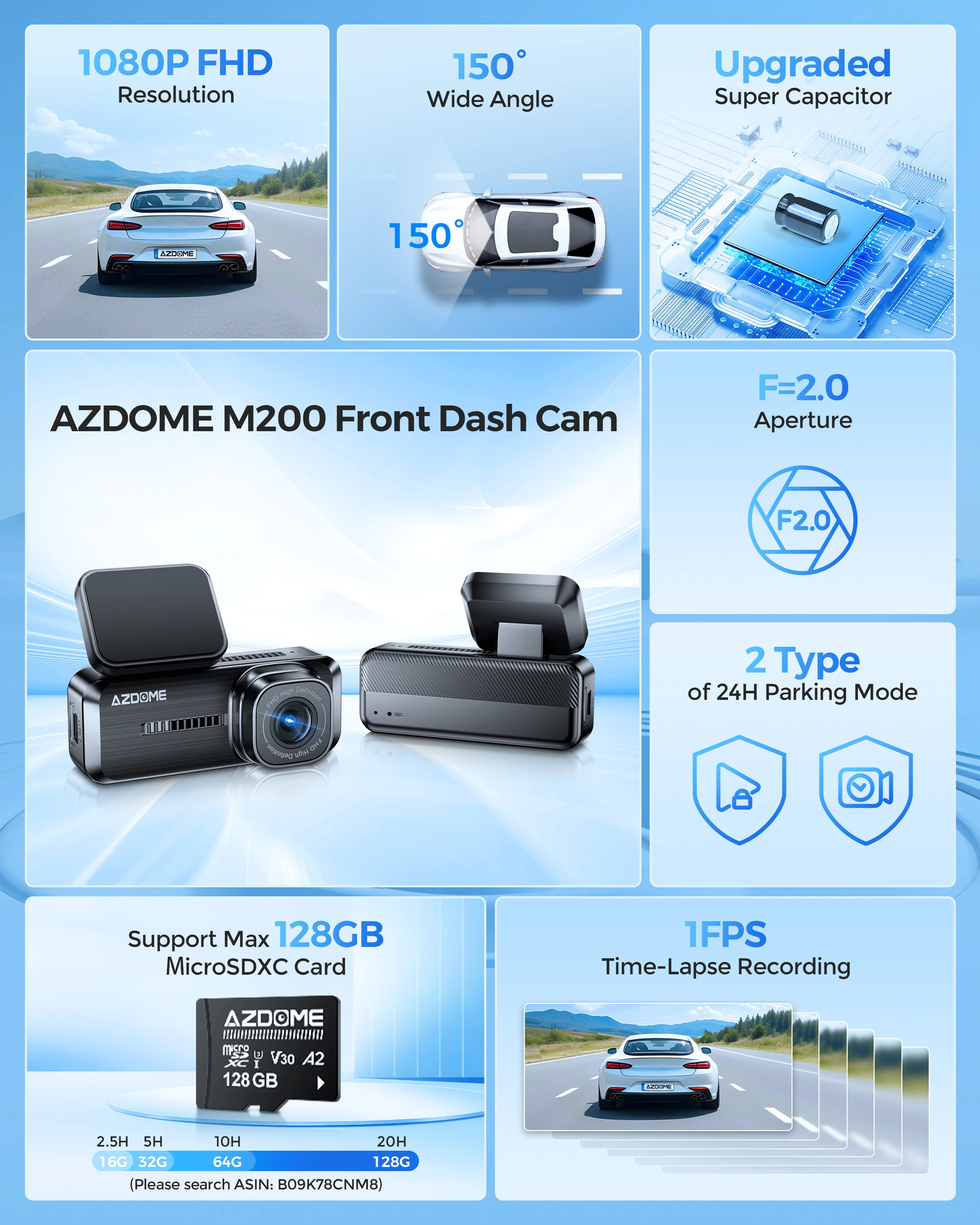 AZDOME Mini Dash Cam M200 Car DVR WiFi Dashcam 1080P Front Dash Camera for Cars 150FOV Car Camera 24H Parking Mode Night Vision