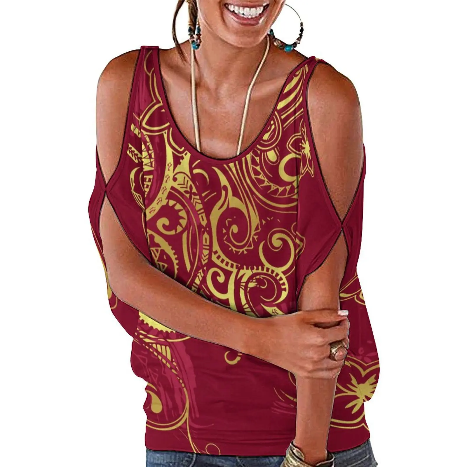 

Polynesian Tribal Style Design Pattern Round Neck Shirt Short Sleeve Top New Summer Women'S Fashion Clothing