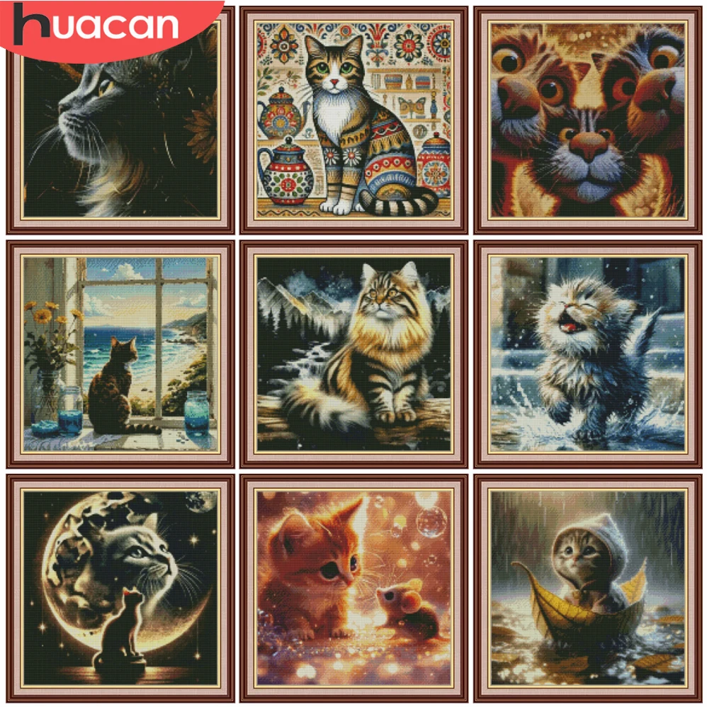 

HUACAN 11CT Cross Stitch Kit Cat Aniaml Embroidery DMC Set Counted Printed On Canvas Home Decor Handicrafts Diy Art