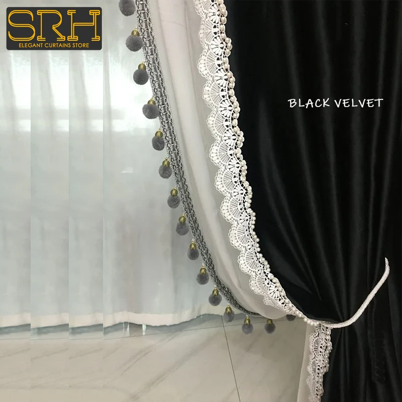 

American Retro Black Velvet Cloth Flannel Fabric Curtains for Bedroom Simple European Curtains Finished Custom Lace White Tulle