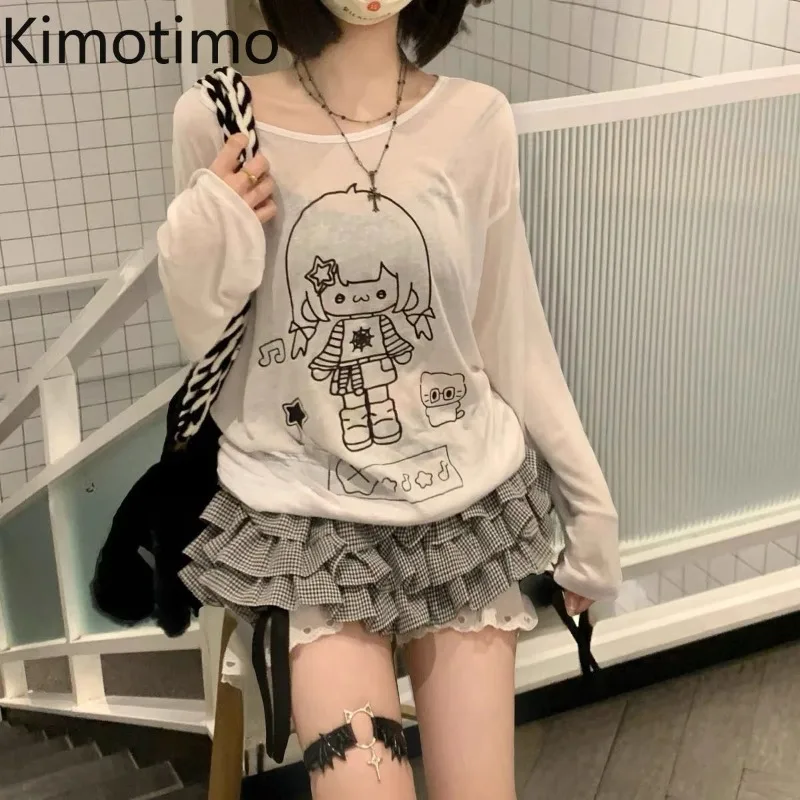 Kimotimo Sweet Cartoon Print Long Sleeve T-shirts Women Summer Lazy Sheer Versatile Thin Tops Japanese Y2k Aesthetic Casual Tees
