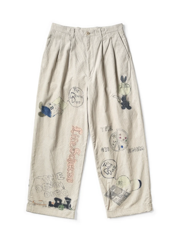 

25AW Japanese Hirata and Hongri Pants High Quality Casual Cartoon Fun Printed Wash Do Old Corduroy Long Pants for Men Women