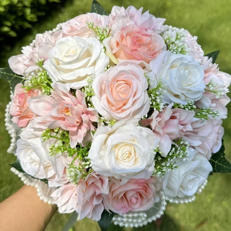 1pc Rose Wedding Bouquets for Bride, White Bouquets for Bride Bridesmaid Valentine's Day Decoration Pearl Lace Mesh Rose Flower image 5