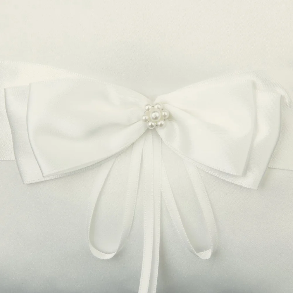 

Ivory Wedding Ring Pillow Satin Ribbon Double Bowknot Pearl Flower Compact Size Strap Ring Bearer Pillow for Ceremony