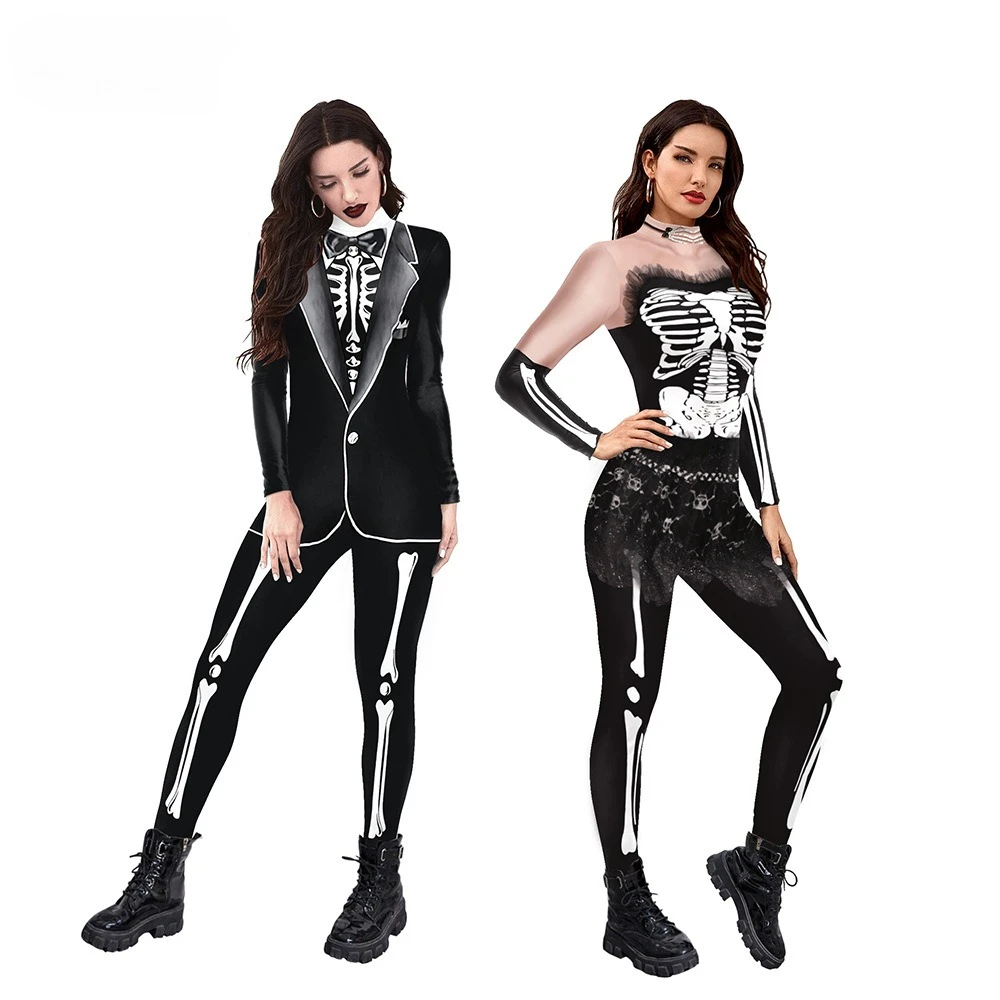Scary Catsuit Halloween Skeleton Bone Print Costume Women Adult Horror Party Dress Up Jumpsuit Bodysuit Outfit