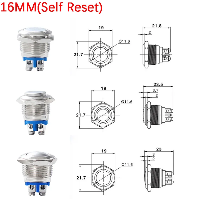 12mm 16mm 19mm 22mm Panel Hole Metal Push Button Switch Power Flat/High/Ball Head Momentary/Locking Screw Pin NO/NC Car Doorbell