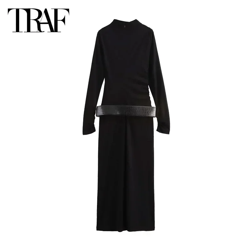 TRAF Women\'s Dresses 2024 Pleated Black Long Dresses Autumn Elegant Belt Slim Fit Dresses Ladies Fashion Long Sleeve Dresses